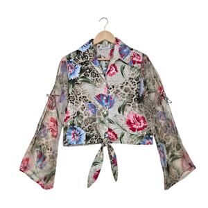 VTG Selene Sport Cropped Top Blouse sz M Multicolor Tie Front Slit Sheer Sleeves